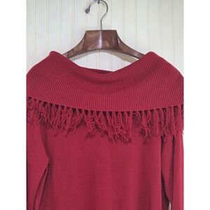 Cato Sweater Womens 18/20W Red Fringe‎ Cowl Neck Ribbed Collar Pullover Plus